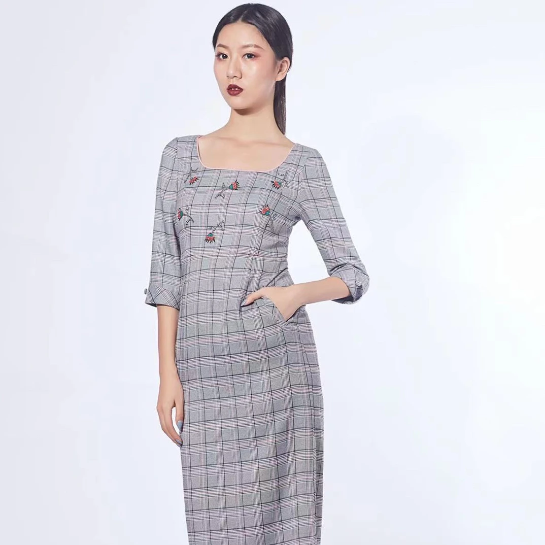 CC希椿女士格子通勤18512512有袖连衣裙格纹春季收腰秋冬秋季修身