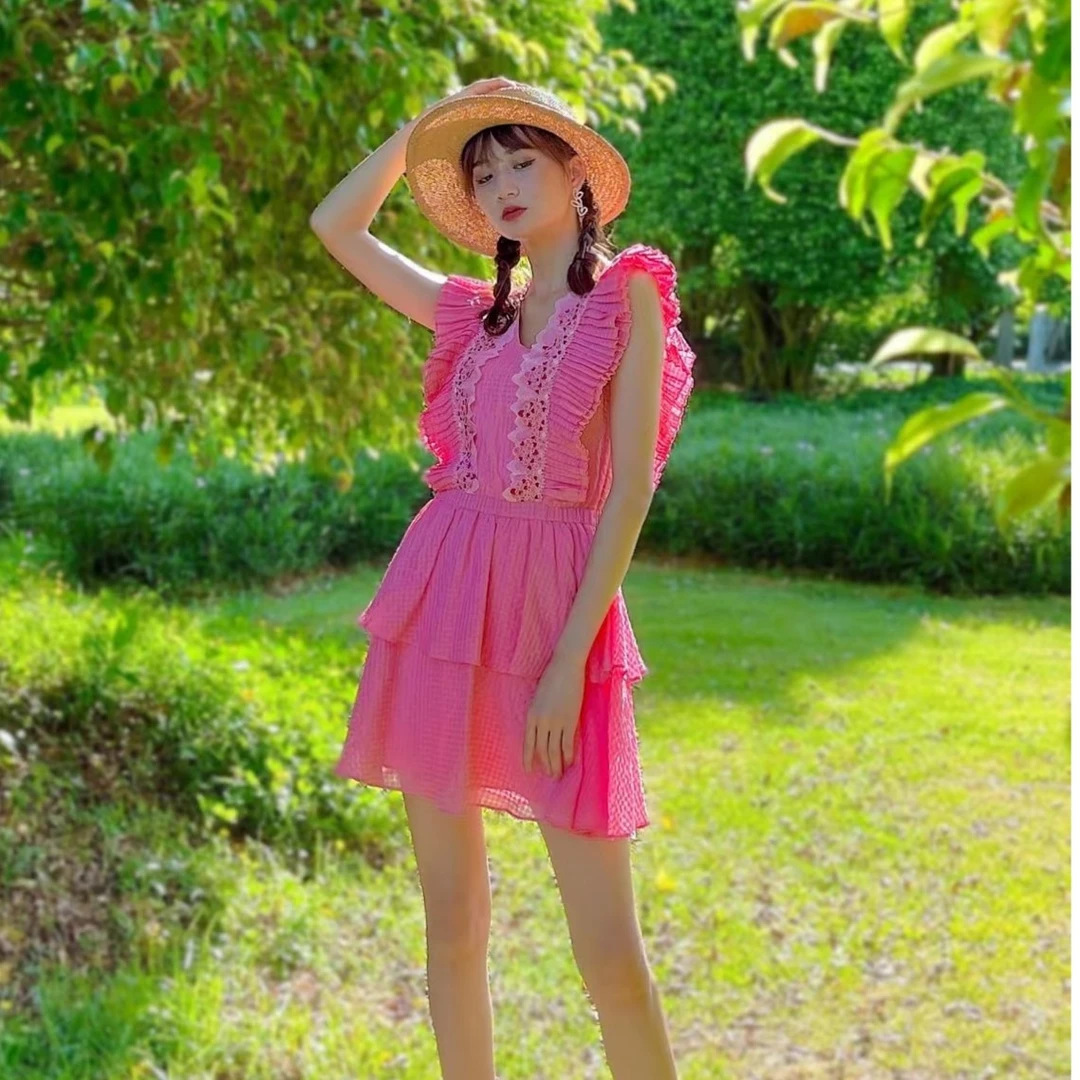 OU.甜美无袖连衣裙1212134065亲子碎花洋气时尚镂空