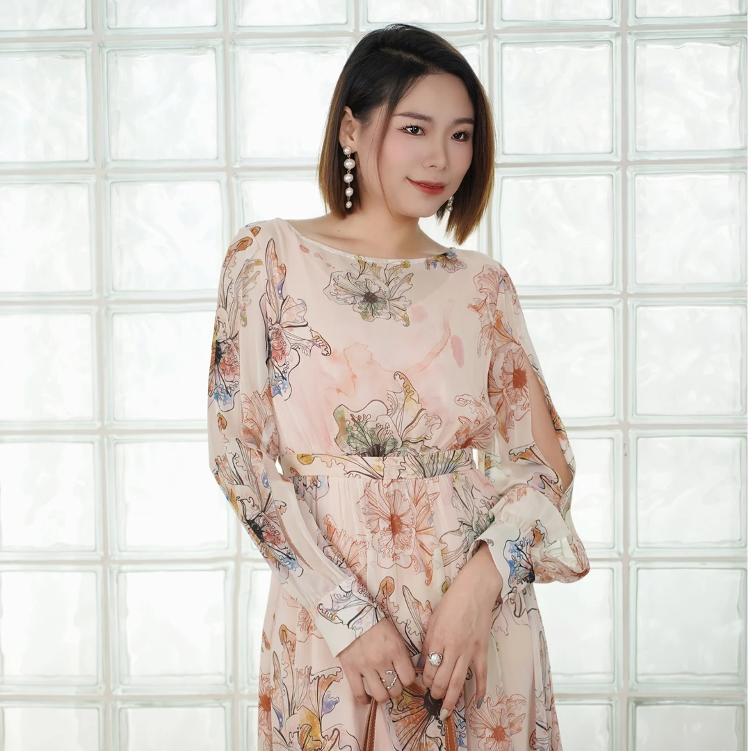 CCHUN希椿21536508九分袖中长款桑蚕丝连衣裙甜美气质          .