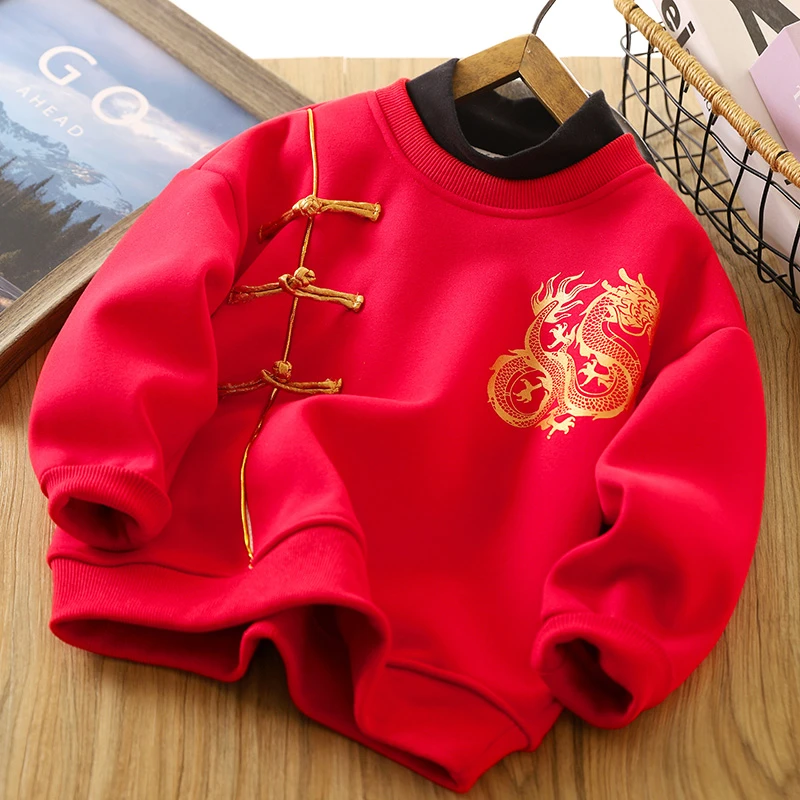 男童加绒卫衣冬装2023新款女孩拜年服冬装儿童加厚红色新年服上衣