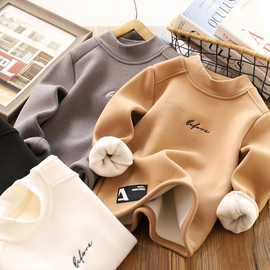 男童加绒T恤2022冬季新款儿童半高领打底衫加厚弹力套头上衣