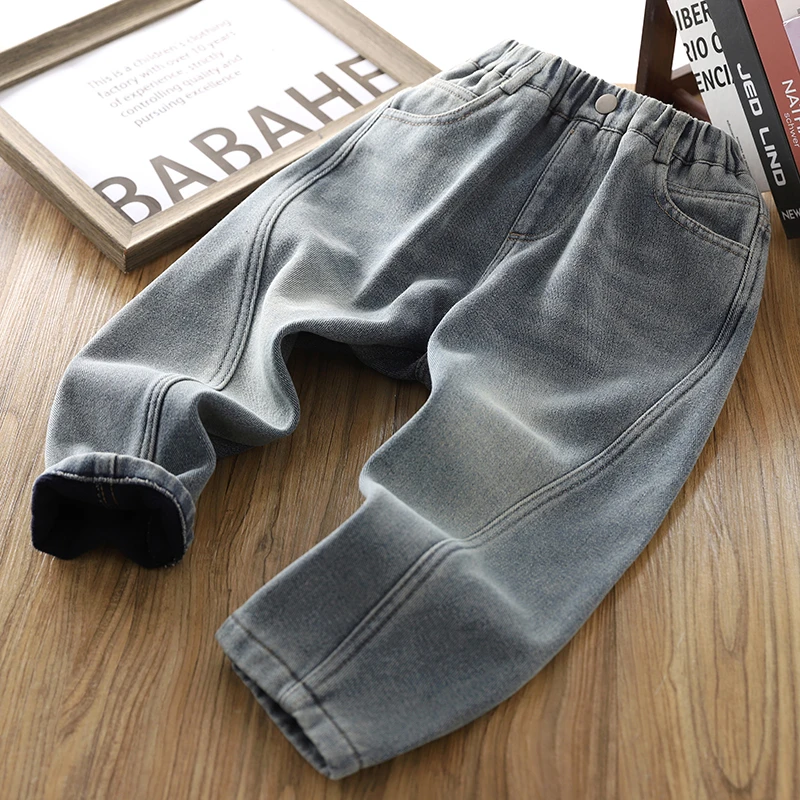 男童加绒裤子秋冬装2024新款儿童拼接时尚牛仔裤冬季男孩保暖裤潮
