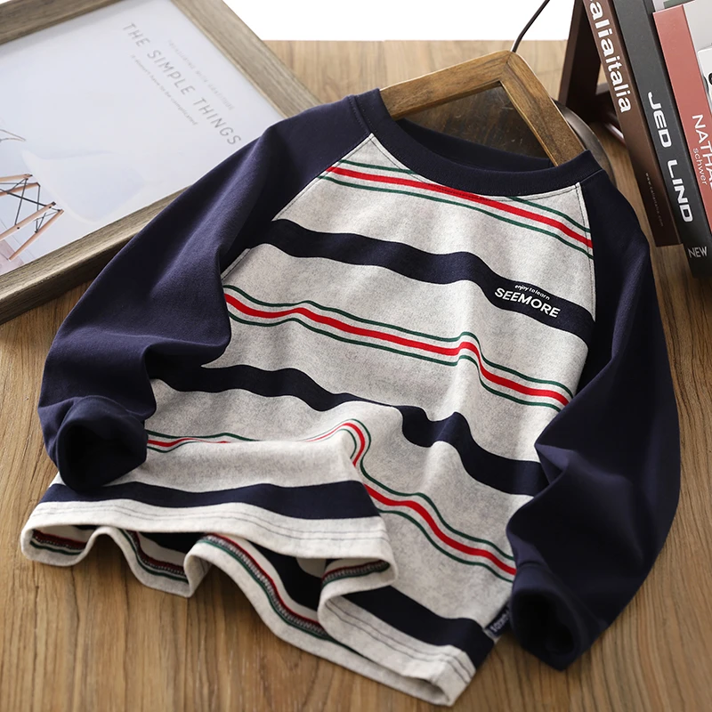 男童长袖T恤衫秋装条纹打底衫2024春秋新款儿童休闲圆领体恤洋气