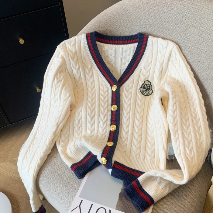 学院风v领毛衣开衫女春秋复古软糯慵懒风短款小个子学院风上衣