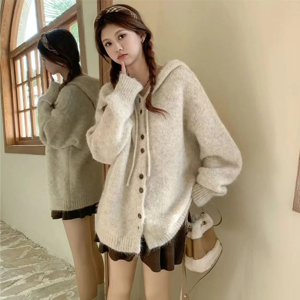 软糯温柔连帽毛衣女韩系秋冬慵懒风加厚连帽套头大被子外穿毛衣