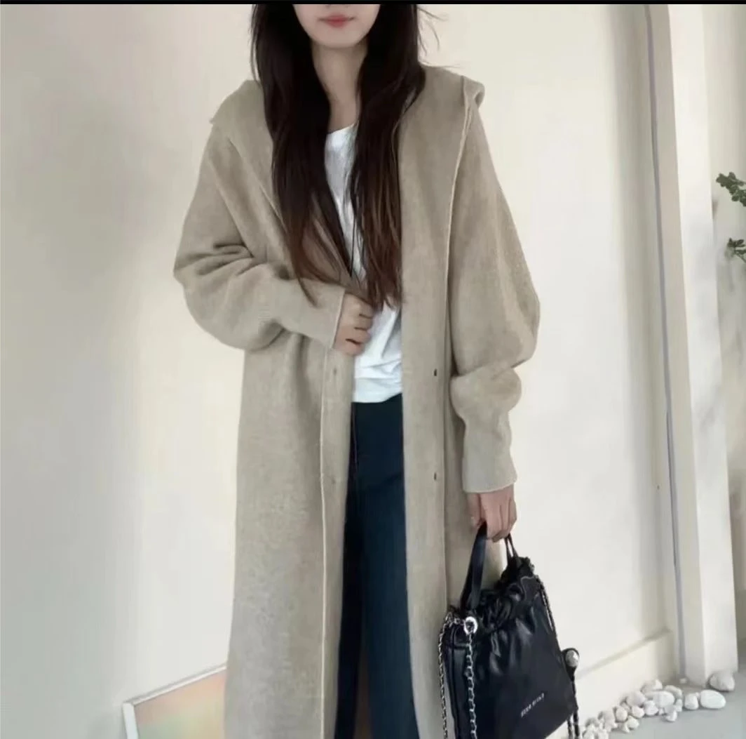 2024早秋新款针织开衫中长款毛衣外套百搭连帽宽松慵懒风大衣