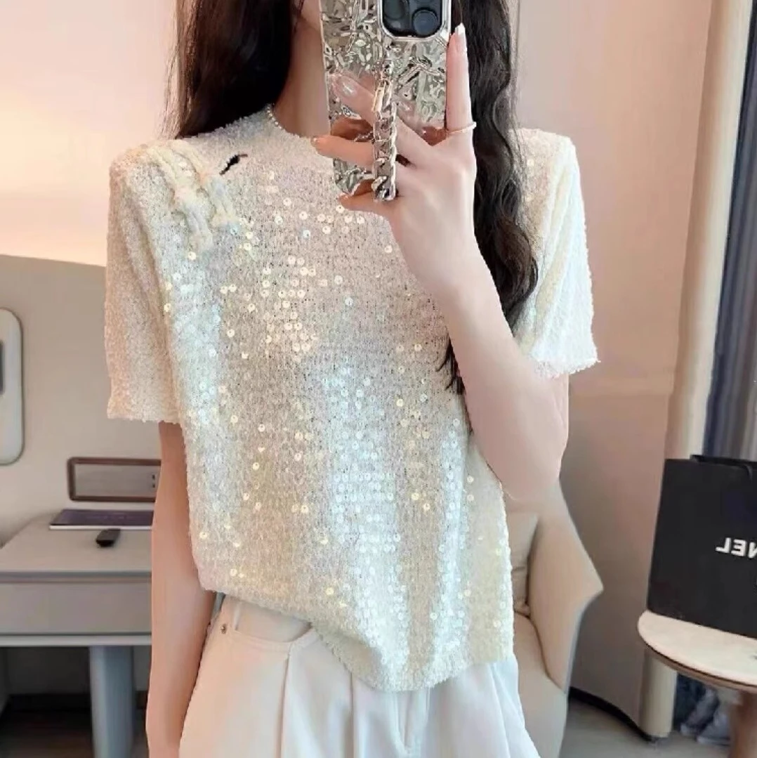 中式国风盘扣镂空短袖针织衫女夏季2024新款高级感重工亮片上衣