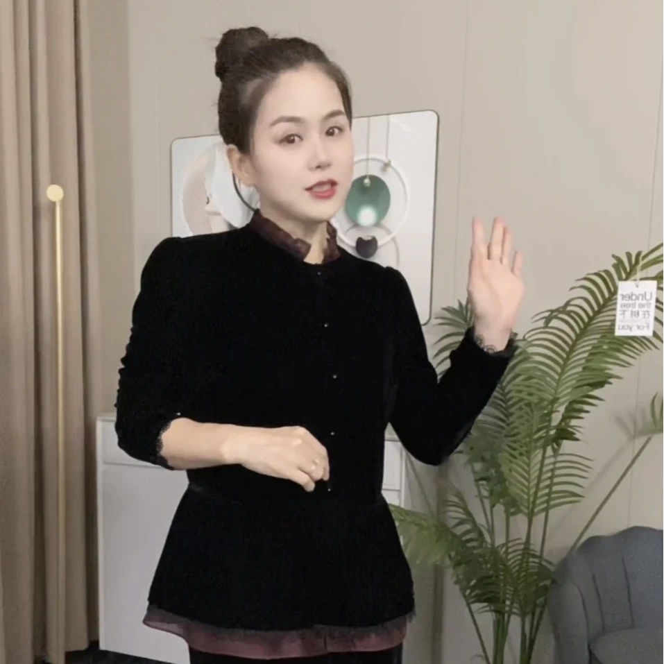 高级定制丝绒双层荷叶摆蕾丝法式收腰外穿上衣小衫