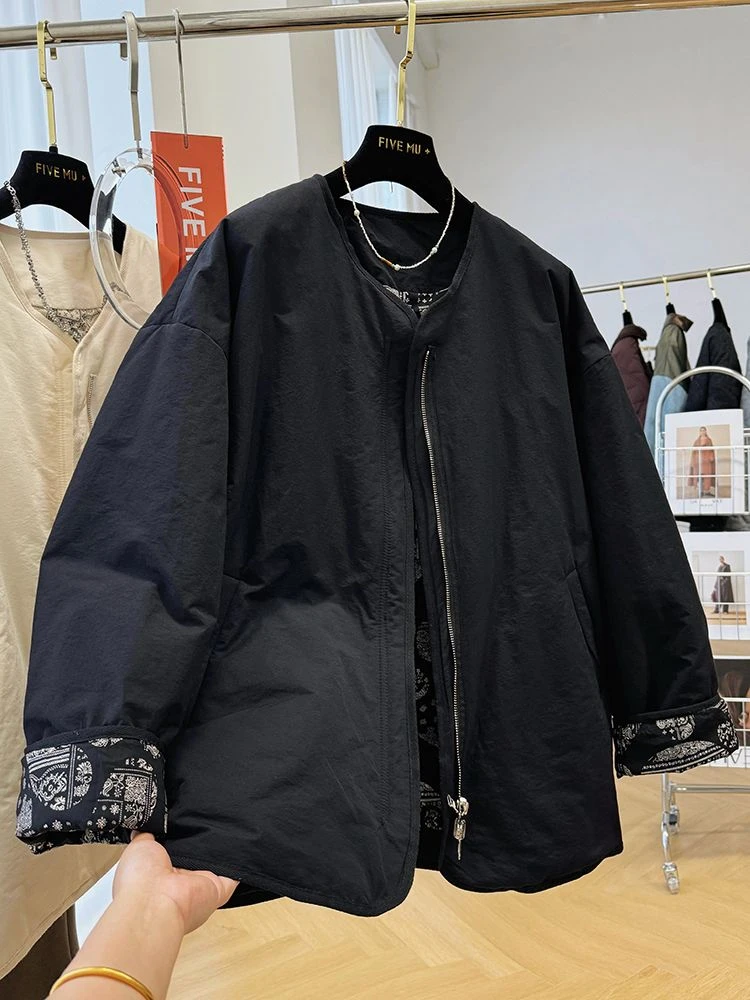 高级感复古别致独特超好看圆领棉服女秋冬慵懒松弛感休闲棉衣外套