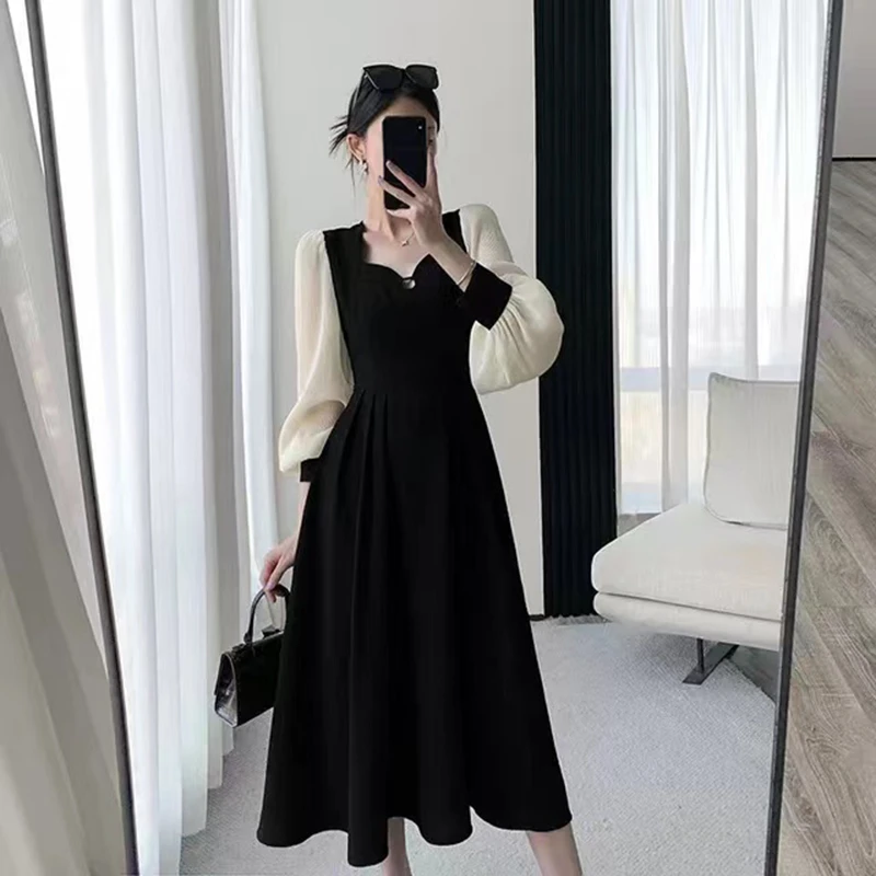 宝藏衣橱黑色连衣裙女新款长袖法式显瘦气质赫本风中长裙8577