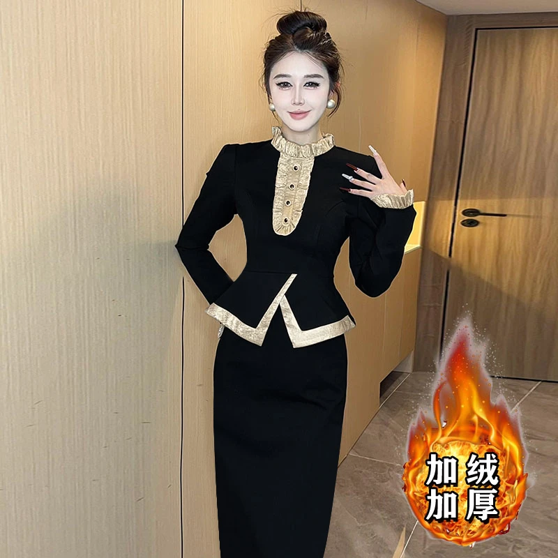 【两件套】【加绒加厚】高级感气质御姐独特绝美黑色小香风套装2797