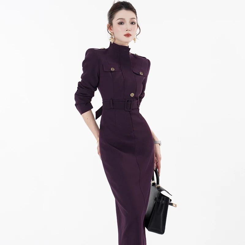 2025春秋气质长袖轻奢百搭收腰时尚女装连衣裙修身显瘦职业裙2698