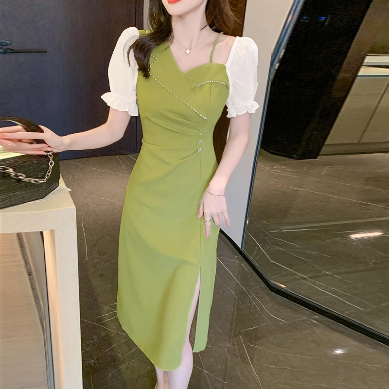 【胜佳】宝藏衣橱薄荷曼波夏季2025新款开叉修身气质仙女裙子9651