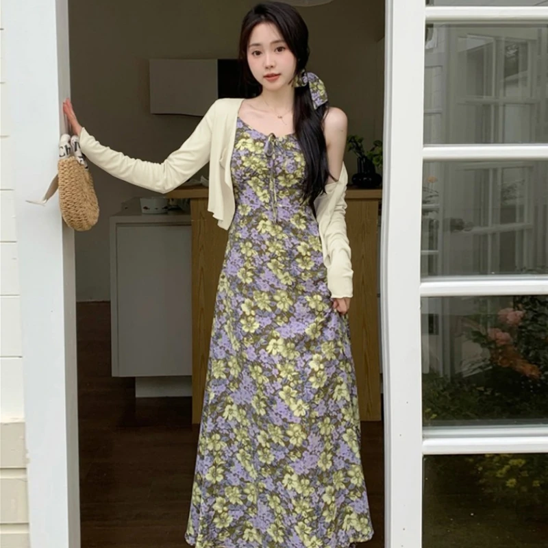 【大码】【两件套】法式复古碎花连衣裙夏季显瘦吊带裙女两件套B8112