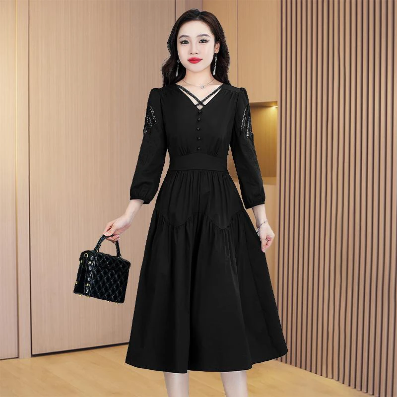 【TW】优雅新款气质时尚大气连衣裙法式减龄收腰显瘦黑色裙子女1955
