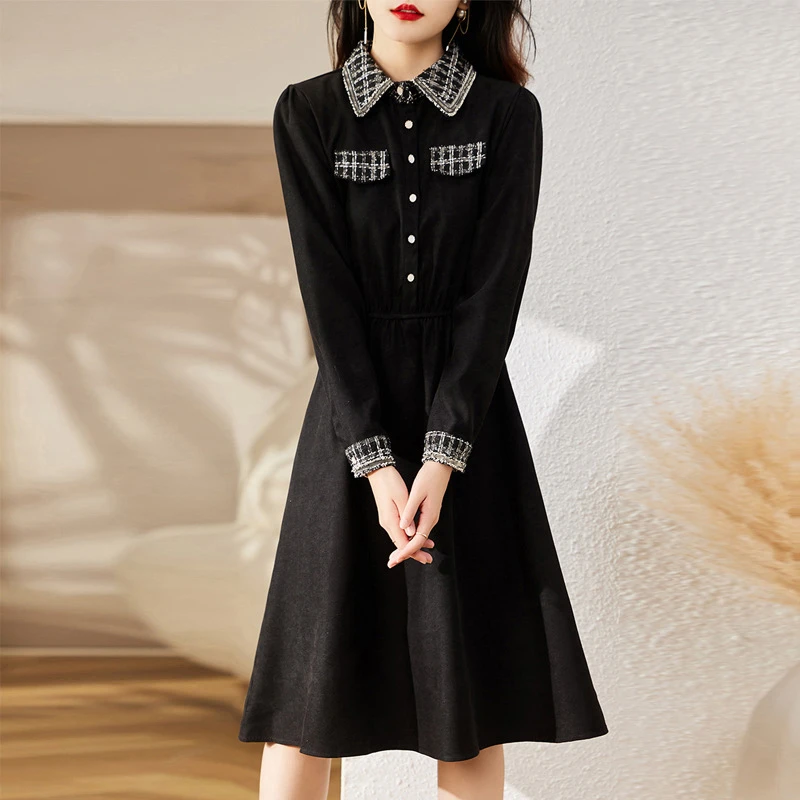 气质小香风新款拼接百搭收腰显瘦长袖连衣裙女7526