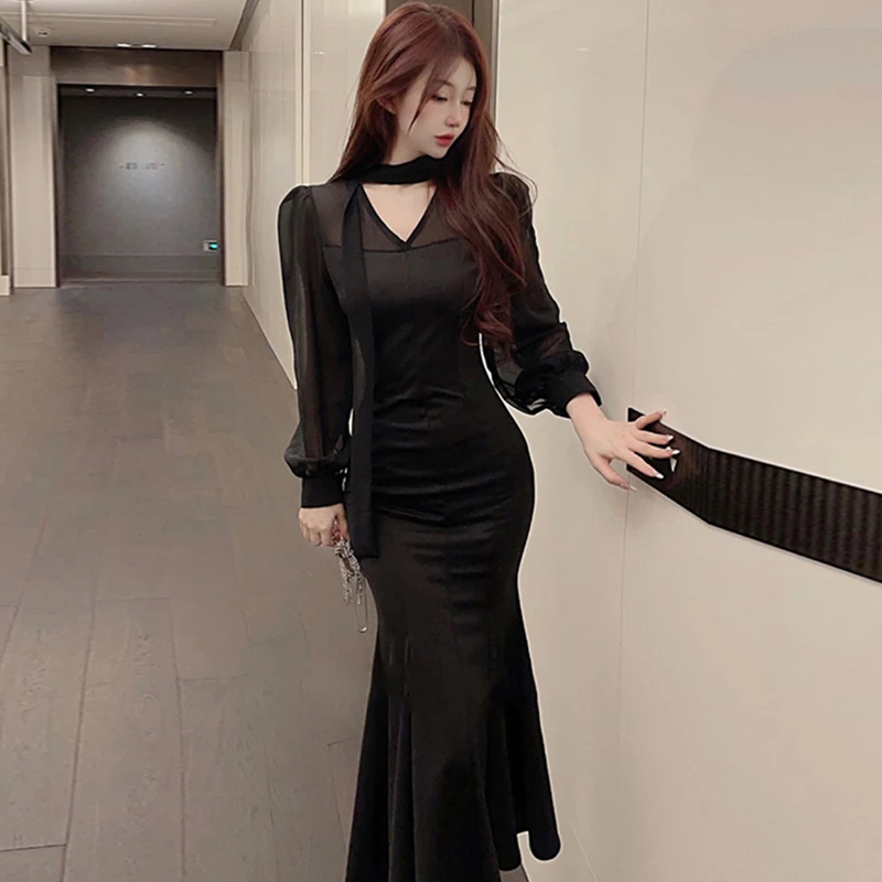 【千艺】黑色气质连衣裙2025新款法式高级感宴会礼服长款鱼尾裙1921