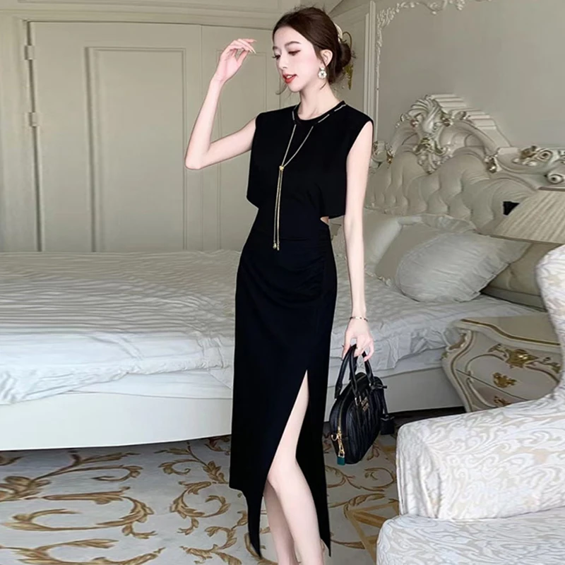 2025夏季新款时尚女装连衣裙优雅高级露腰修身小众开叉裙子1239