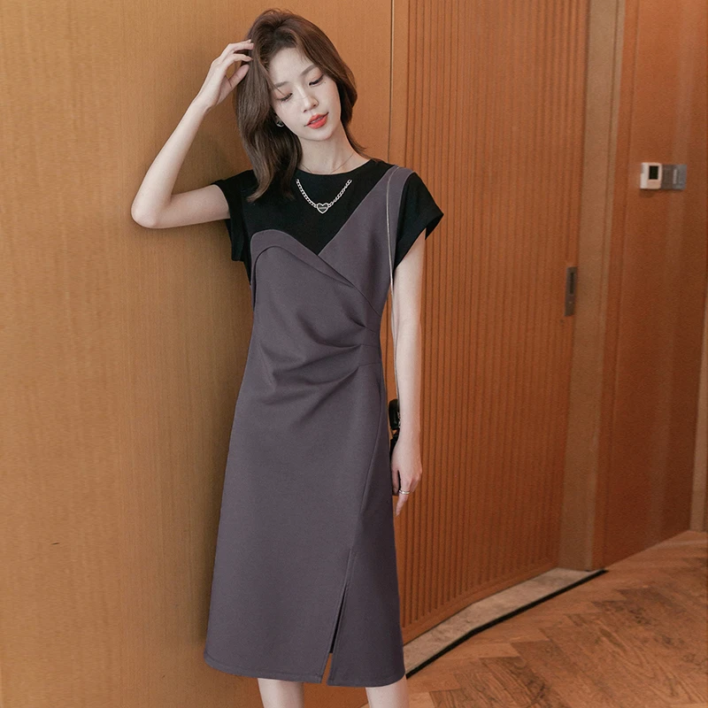 拼接连衣裙女新款气质显瘦小个子开衩撞色短袖A字收腰裙子1334
