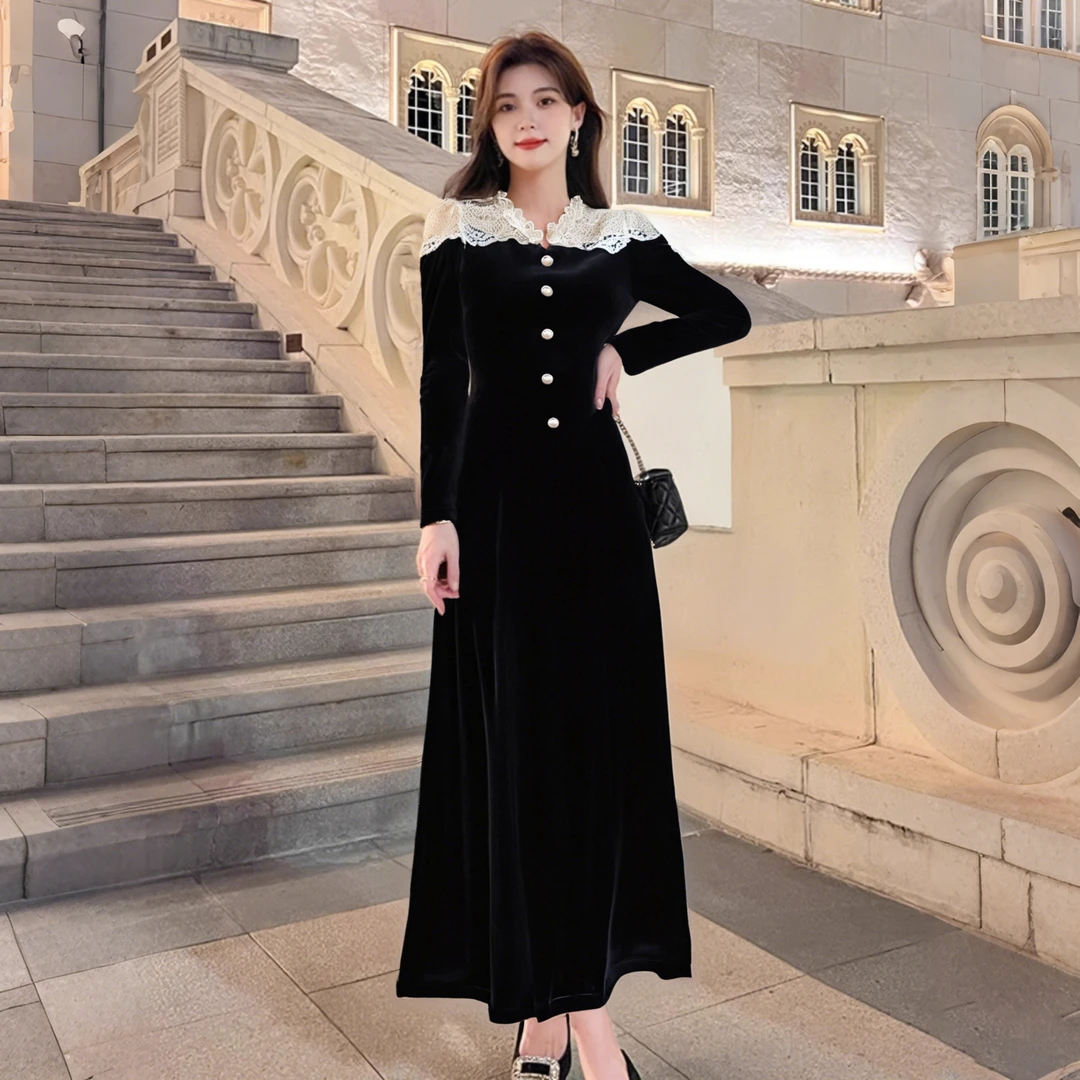 2025新款法式高级感显瘦时尚连衣裙气质拼接收腰修身长裙女7724