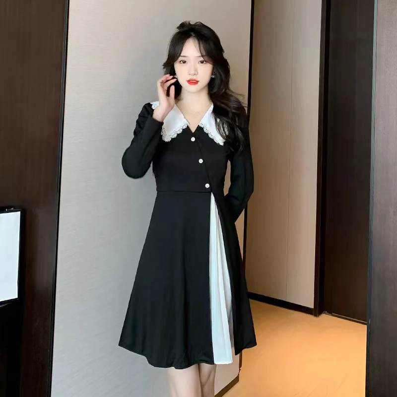 法式拼接娃娃领不对称连衣裙子女装新款温柔风裙子8445