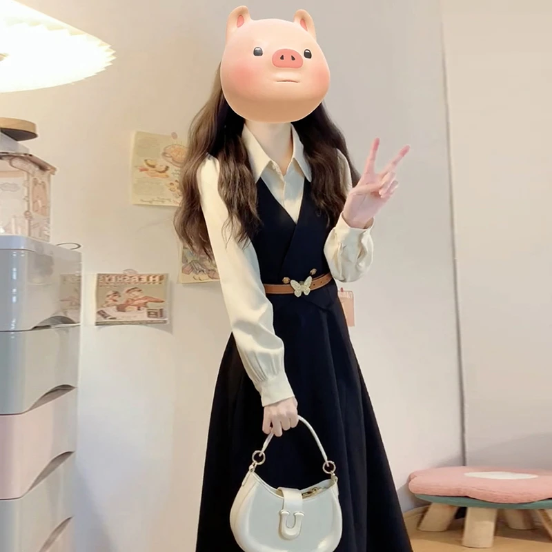 【杏子姐姐】学院风假两件衬衫连衣裙子2025新款秋季气质长裙2336