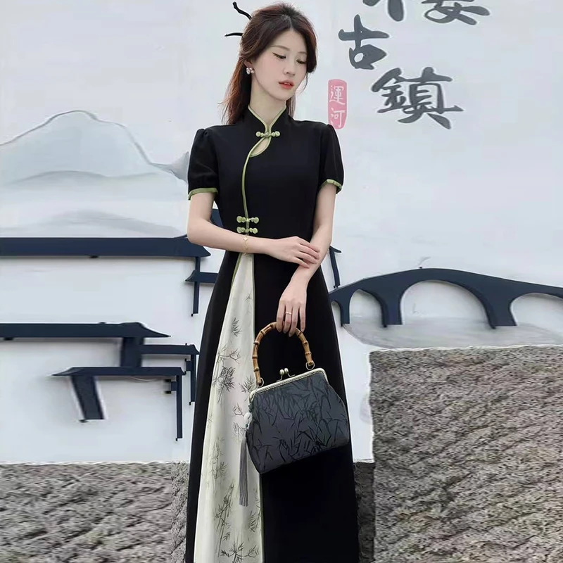 2025高级时尚设计感修身连衣裙新中式黑色国风网红日常裙子女1126