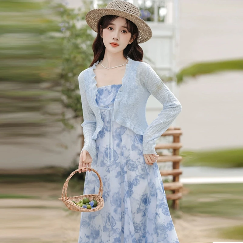 【安安】【两件套】2025新款防晒开衫搭配吊带连衣裙仙气超仙森系1140