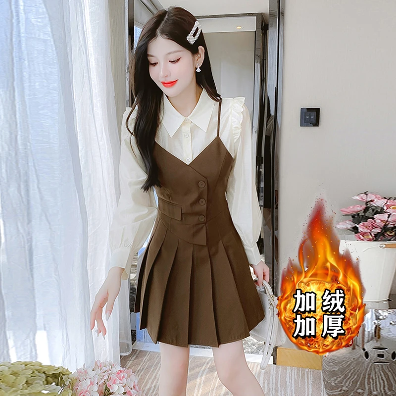 【胜佳专属】【加绒加厚】假两件长袖连衣裙年新款时尚气质短裙7664