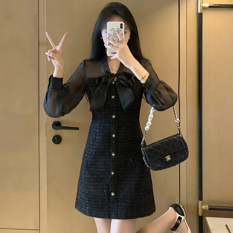 小香风赫本风连衣裙新女高级气质复古蝴蝶结收腰显瘦修身裙子7464