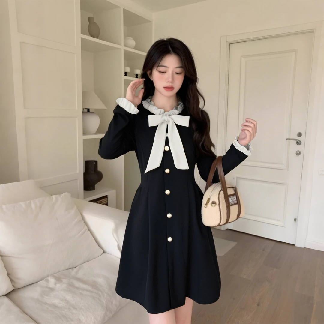法式复古小香风蝴蝶结系带连衣裙女高级感收腰气质赫本小黑裙2339
