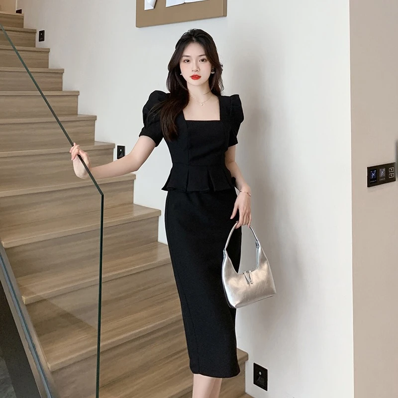 黑色连衣裙女2025夏季新款方领赫本风假两件通勤长裙9616