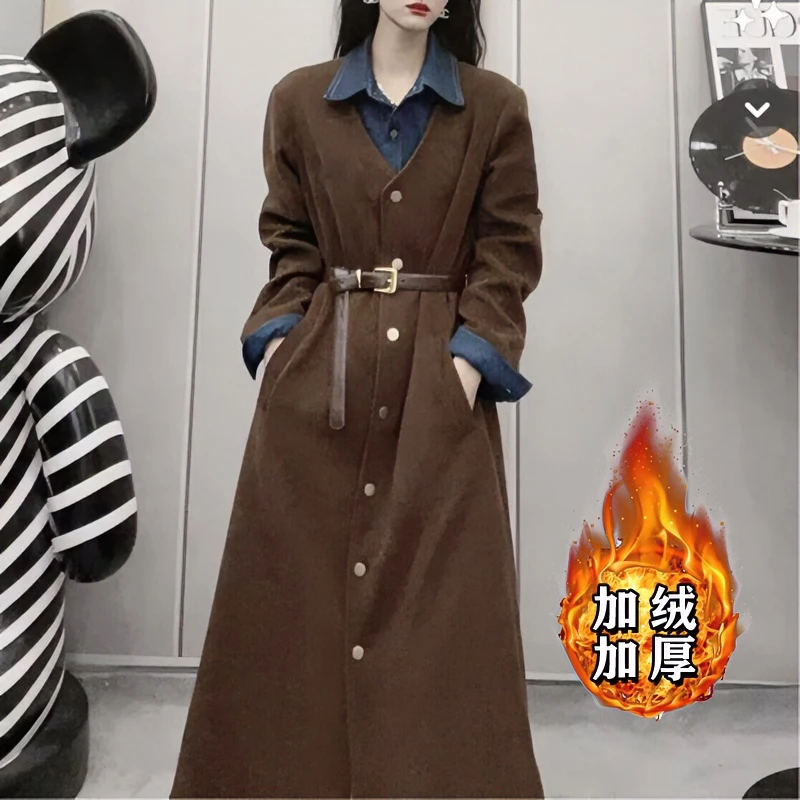 【千艺】【常规/加绒】新款遮肚收腰显瘦单排扣假两件连衣裙女6294