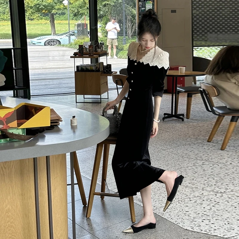 2025新款法式高级感显瘦时尚连衣裙气质拼接收腰修身长裙女7724