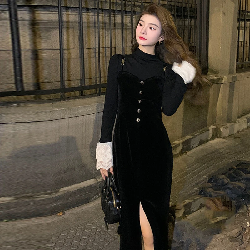 【素夕专属】名媛风礼服裙蕾丝打底内搭收腰显瘦开叉连衣裙女6260