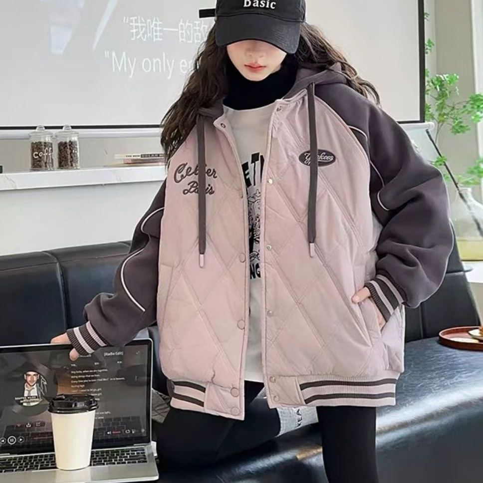 【丫丫童品】女童冬装韩版夹棉加厚休闲百搭连帽拼接宽松F206-F207