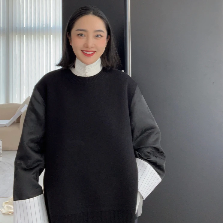 福洱国潮羊毛针织衫宽松女装百搭休闲毛衣拼接套头毛织上衣312001