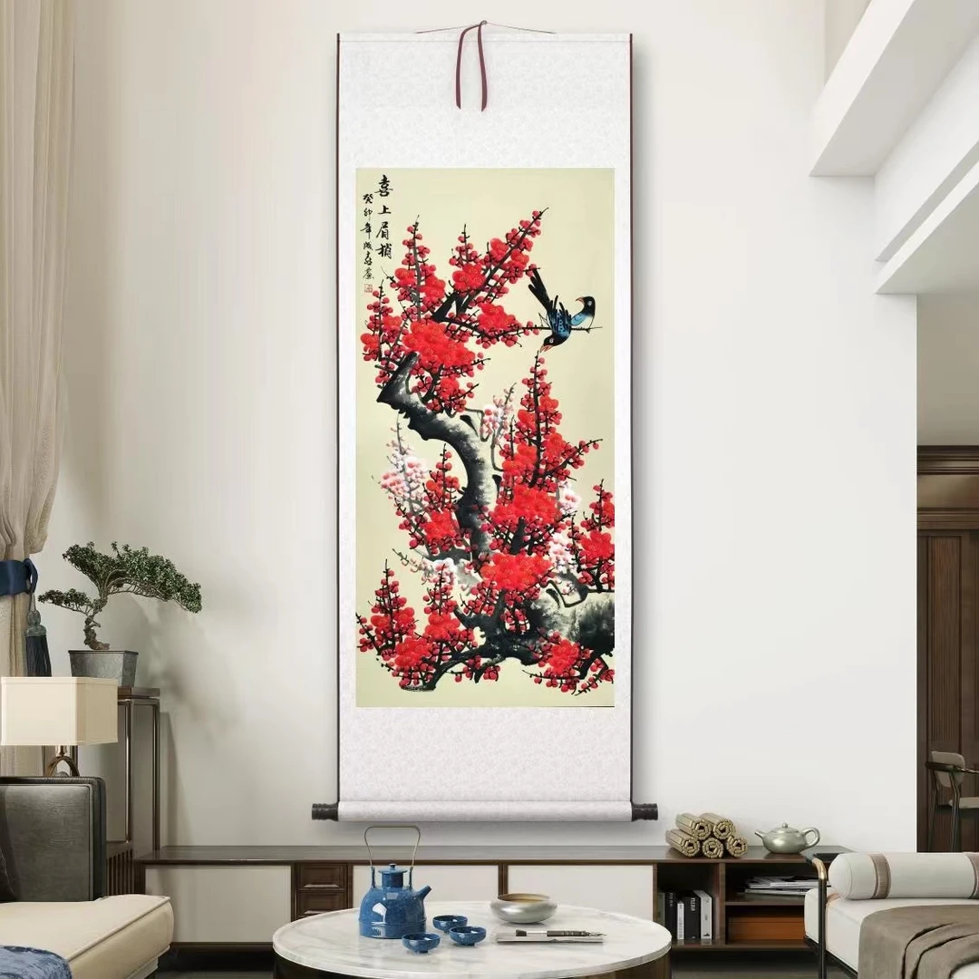 国画（170*73）手绘真迹梅花喜上眉梢卷轴装裱四尺立轴