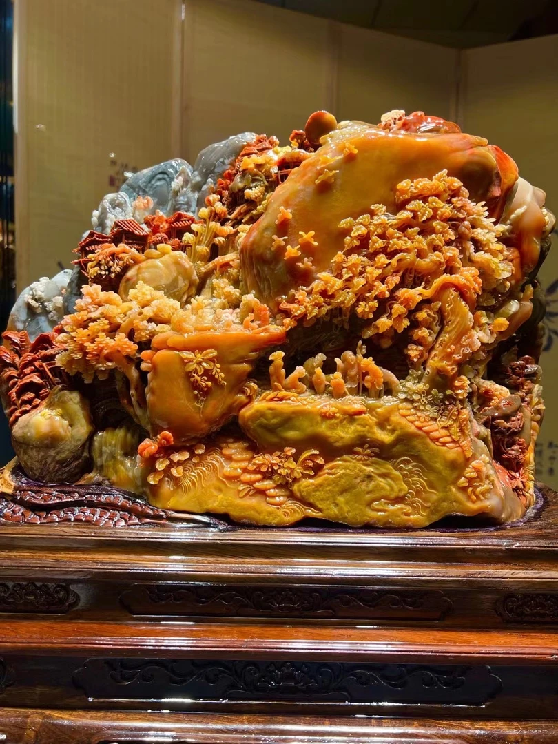 雕刻寿山石天然芙蓉摆件玄关客厅家居原石靠山招财办公室奇石中式