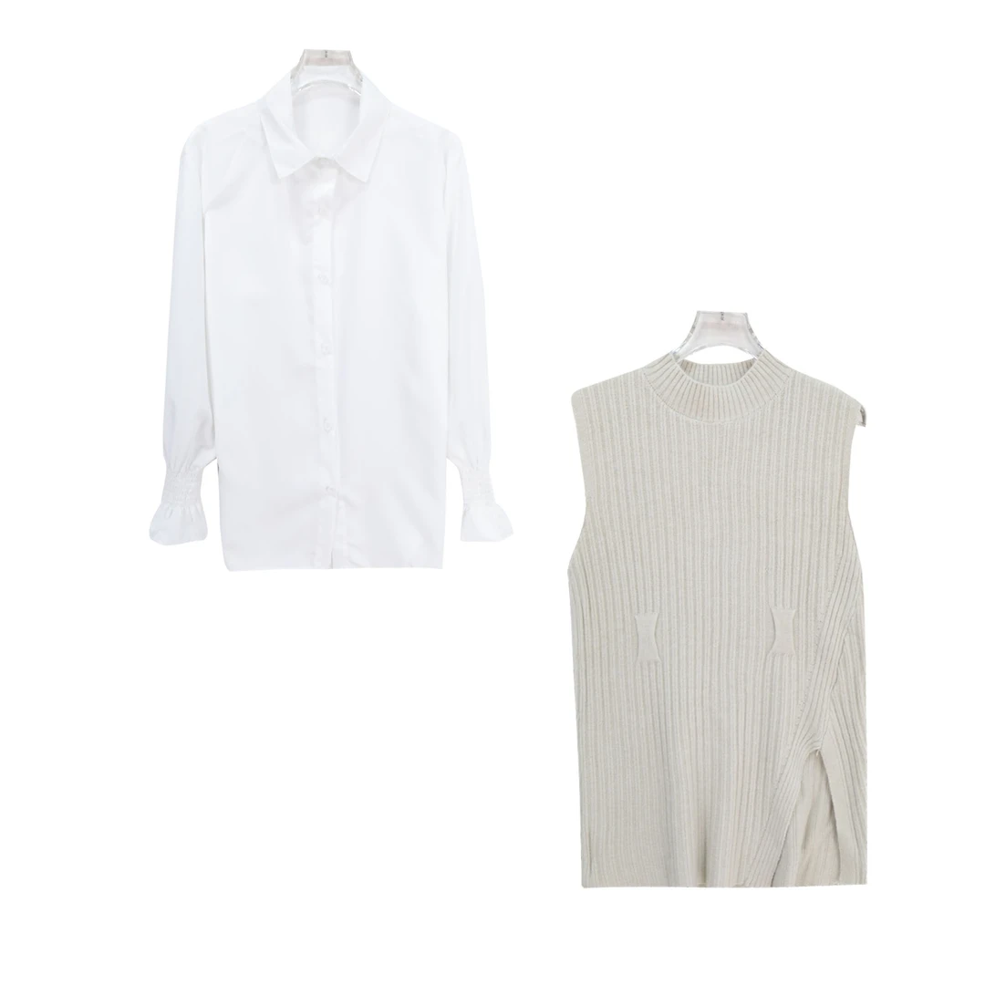 S软糯慵懒风圆领无袖针织马甲衬衫套装S5347