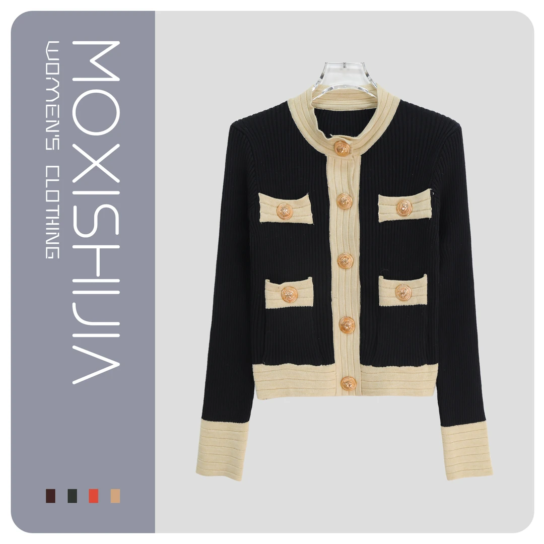 小香风轻熟风气质圆领撞色修身百搭针织衫S2782