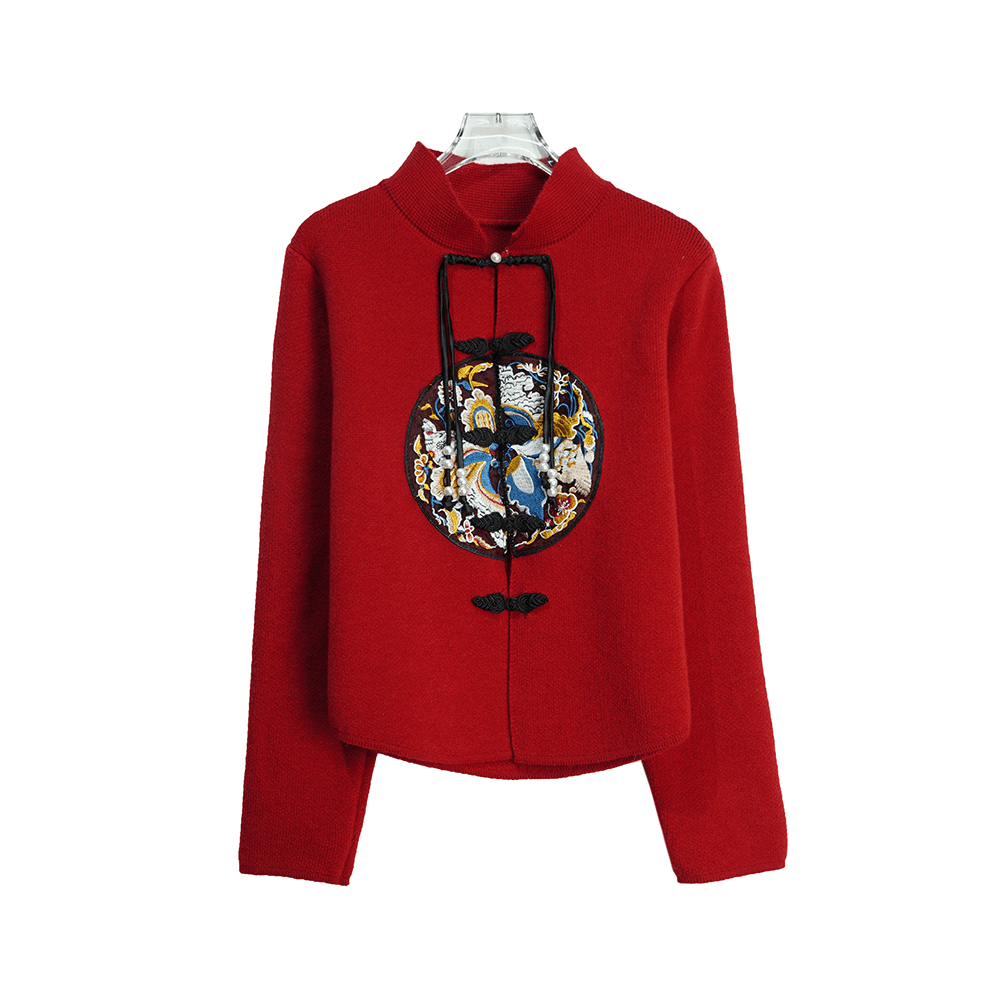 X24730【新中式拜年服】新中式国风重工刺绣盘扣毛衣立领复开衫3D