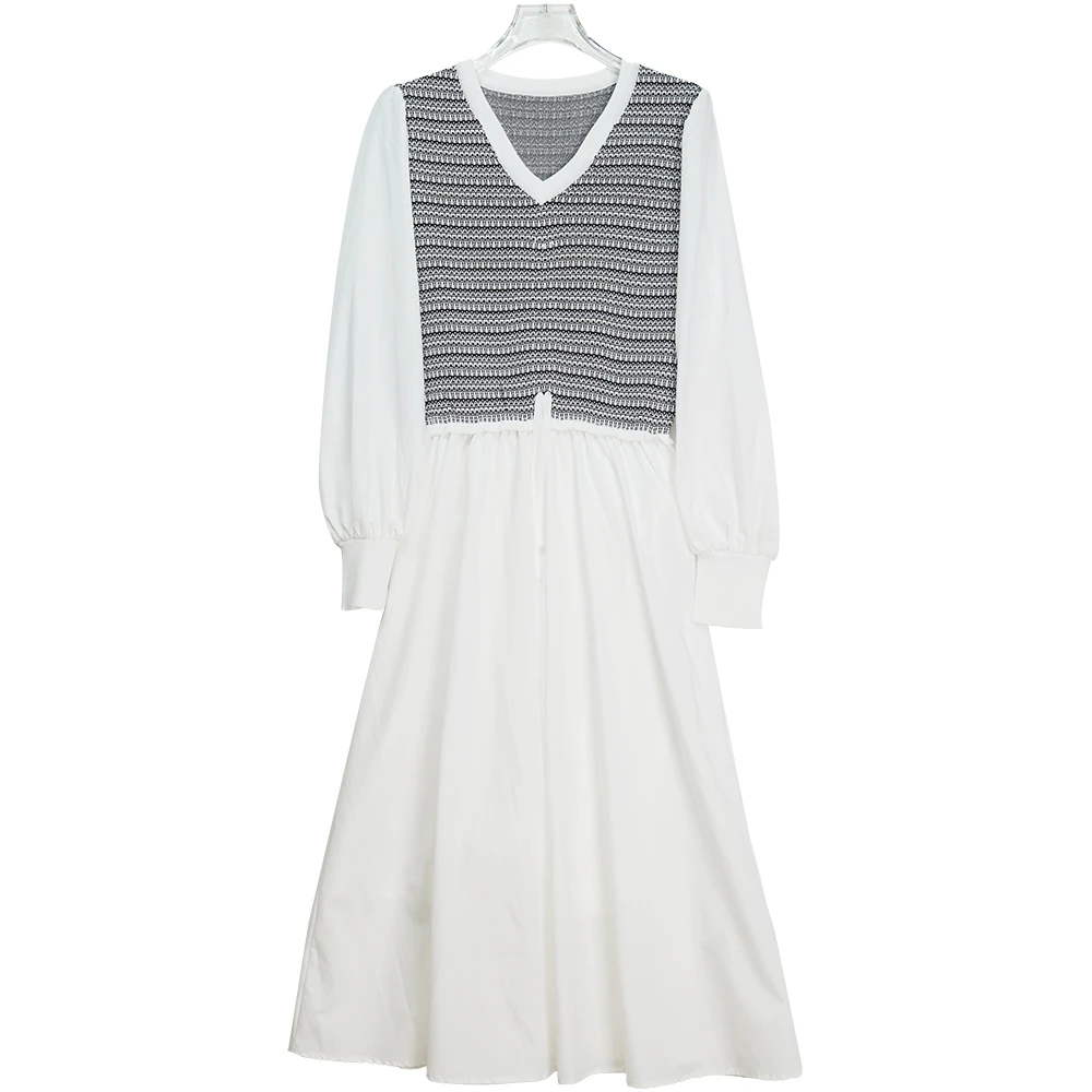 时尚抽绳针织拼接v领长袖白色连衣裙E1902