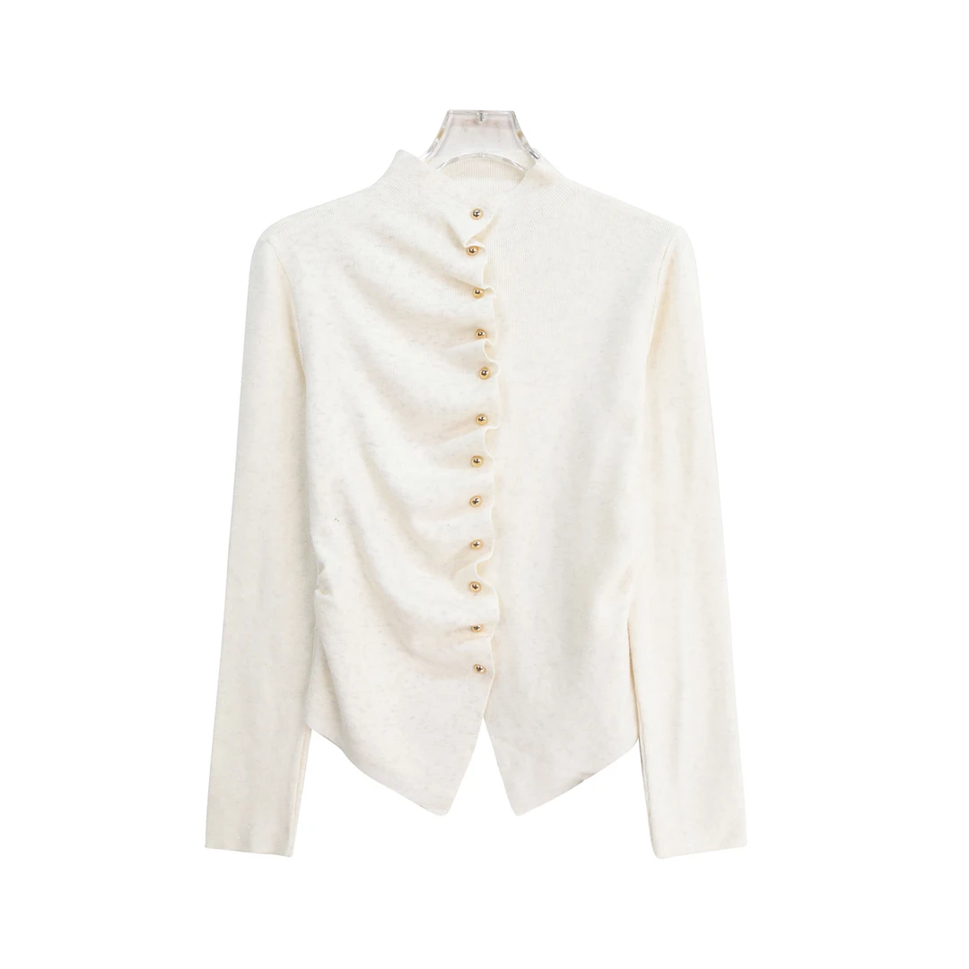 秋冬设计感压褶打底衫别致不规则收腰针织上衣X27456