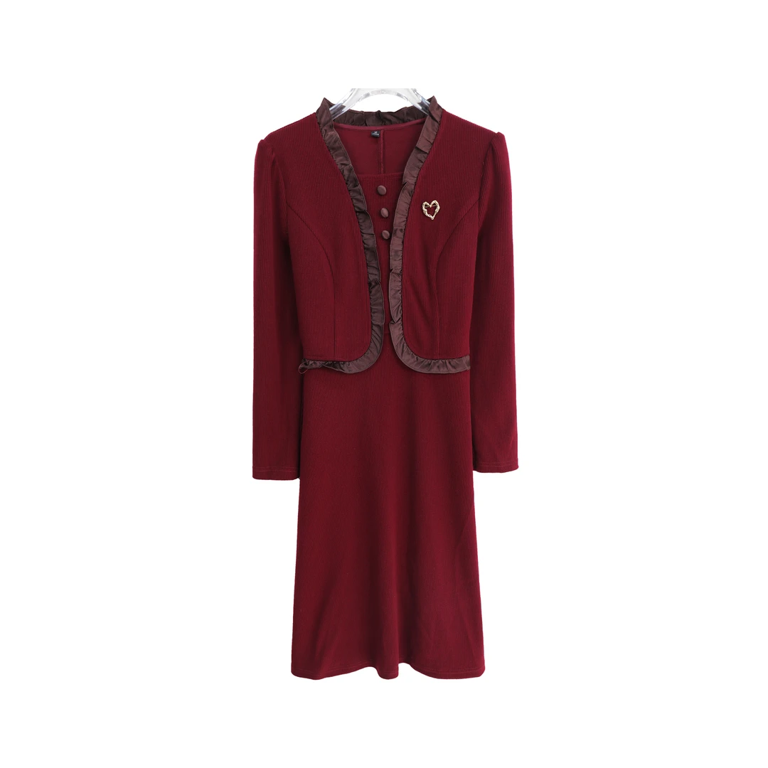 洋气假两件轻奢名媛风荷叶边纯色连衣裙S3267