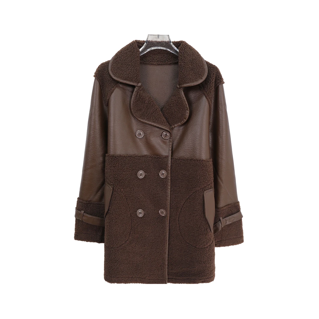 冬季中长款加绒加厚西装领两面穿拼接宽松外套X27532