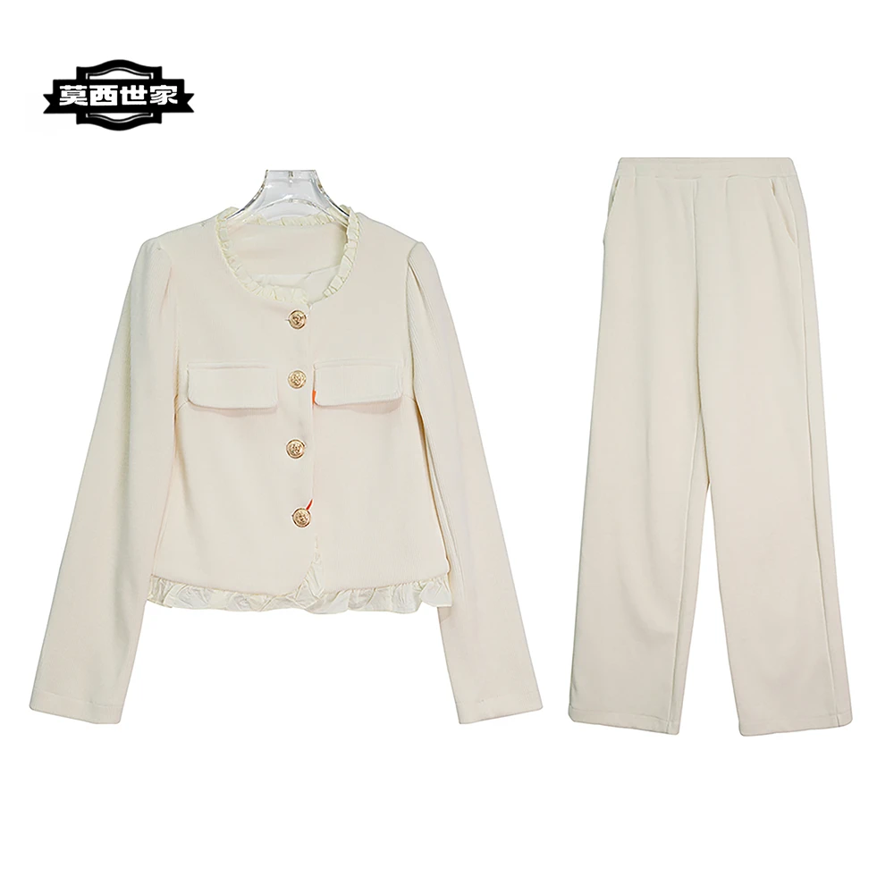 E100【上新】复古法式拼接花边设计感米白色上衣长裤子两件套