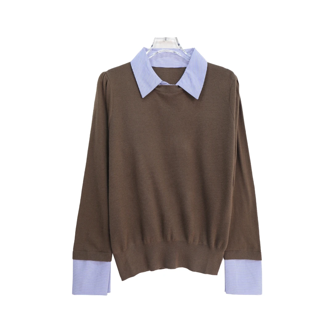 韩版简约学院风假两件百搭翻领针织衫X2768