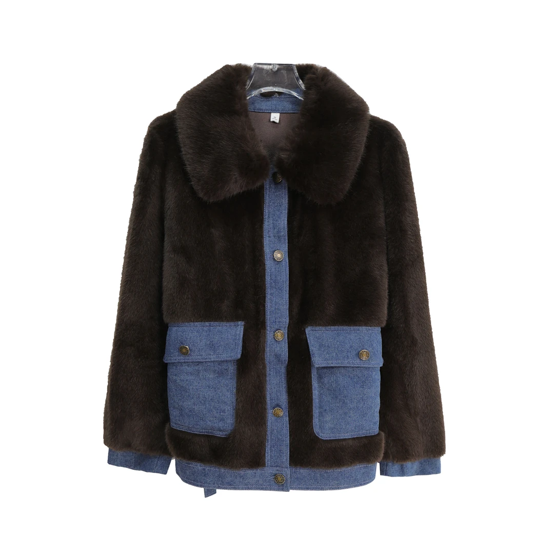 高级感翻领牛仔拼接设计感口袋单排扣外套S4978