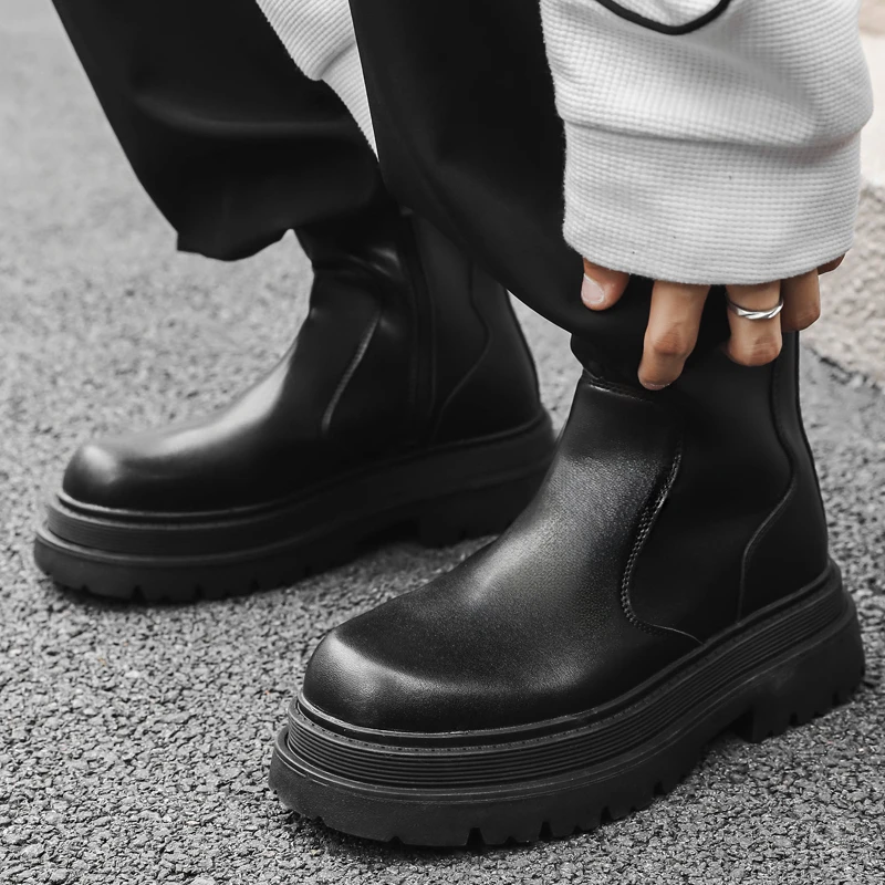 休闲时尚潮流男士皮靴子厚底户外黑色靴秋冬季保暖高帮鞋59690-J